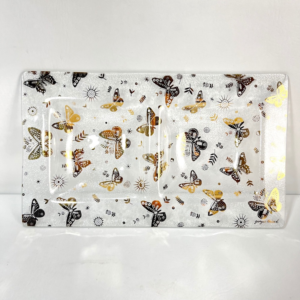 Georges Briard Butterfly Gold Accent Divided Glass Serving Tray‎ Plate